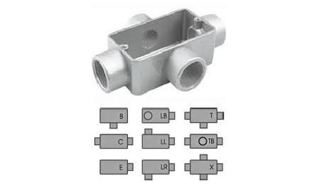 Foto do insumo SINAPI 2596 — CONDULETE DE ALUMINIO TIPO X, PARA ELETRODUTO ROSCAVEL DE 2", COM TAMPA CEGA