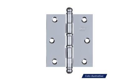 Foto do insumo SINAPI 11447 — DOBRADICA EM LATAO, 3" X 2 1/2", E= 1,9 A 2 MM, COM ANEL, CROMADO, TAMPA BOLA, C
